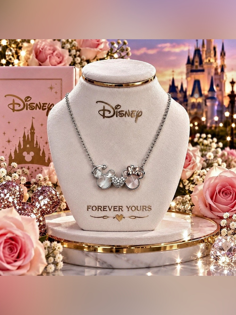 Disney Forever Yours Mickey and Minnie Mouse Necklace Silver & Gold